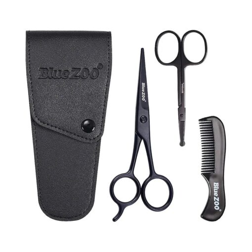 BlueZOO Beard Mustache Scissors and Comb Kit with PU Storage Bag, Rounded Safety Nose Hair Scissor for Men and Women Care Grooming, Ear Trimming Tool, Shears for Personal Grooming, Cutting & Styling