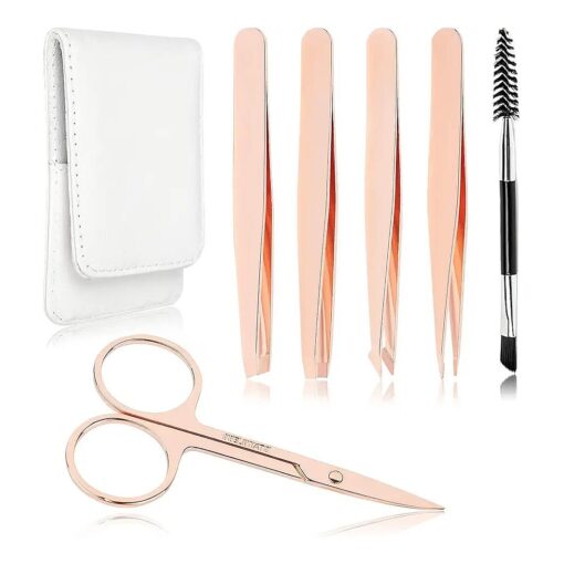 Precision Eyebrow Tweezers Set Pack of 6 for Women Ingrown Facial Hair Removal Pointed Rose Gold Tweezers Scissors Brush Kit for Splinter with Leather Case Gift