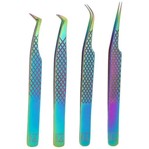 M LASH Eyelash Extension Tweezers ( Set of 4 ) - Professional & Precision Lash Tweezers for Eyelash Extensions - Japanese Steel, Diamond Grip, Fiber Tip ( Multi Color )