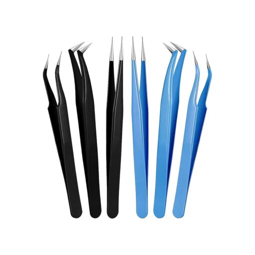 6 Pieces Eyelash Extension Tweezers Lash Tweezers Set Stainless Steel Straight and Curved Tip Tweezers Precision Eyebrow Tweezers Nippers for Eyebrow Hair ( Black, Blue )