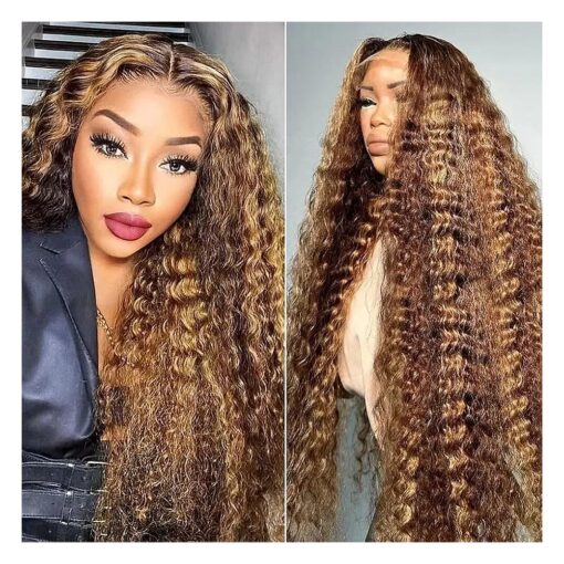 Maxine 14A 28 Inch Ombre Lace Front Wig Virgin Human Hair Pre Plucked 13x6 Highlight Water Wave Lace Front Wigs Remy Human Hair Colored 4/27 Deep Wave Lace Front Wig 200 Density Highlight Curly Wigs