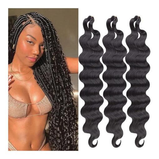 COOKOO 3 Packs 24 Inch Pre-Feathered Natural Black Body Wave Braiding Hair for Goddess Box Braids Crochet Hair French Curl Crochet Braids Synthetic Hair Extensions ( 1B # )