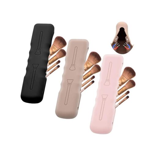 3Pack Travel Silicone Makeup Brush Case Bag Soft Cute Portable Cosmetic Brushes Holders, Waterproof Makeup Brushes Organizer for Traveling with Magnetic Closure-Black, Pink, Khaki