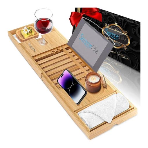 SereneLife Bamboo Bathtub Caddy with Luxury Gift Box and Red Gifting Ribbon Extendable & Adjustable Tray with Device/Book Holder with Removable Trays for Bath Accessories ( Natural )