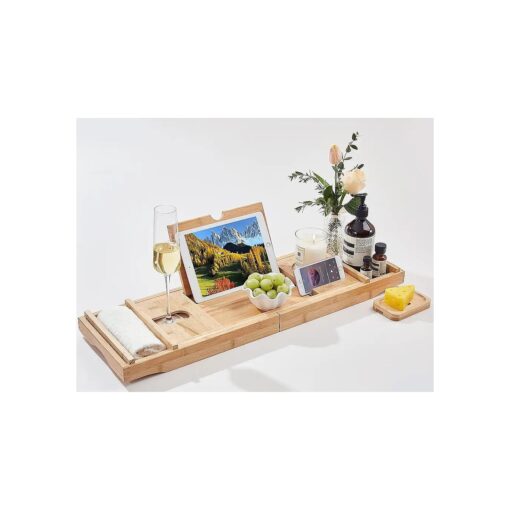 Bamboo Bath Tray, Expandable Bath Caddy with Wine and Book Holder-Headley Tools Bathtub Caddy for Luxury Bath, Adjustable Bath Caddy Tray for Bathtub-Great Gift for Women/Men ( Wood Color )