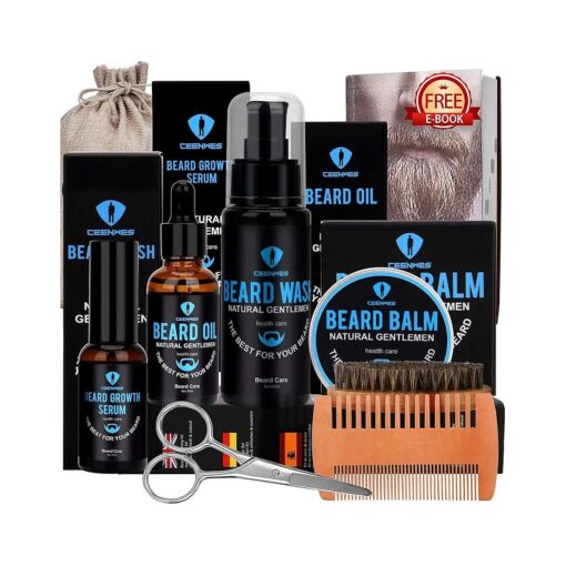 Beard Grooming Kit, Beard Kit with Beard Oil, Beard Growth Serum, Beard Wash, Beard Balm, Beard Brush, Beard Comb, Beard & Mustache Scissors Beard Growth Kit Unique Gifts for Men