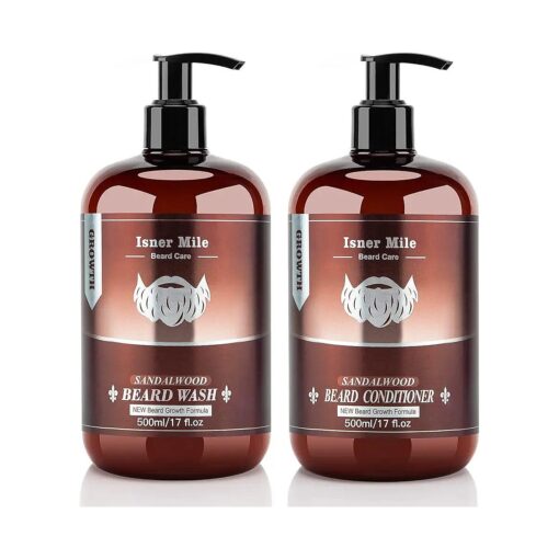 ISNER MILE Beard Wash & Conditioner Set 17 oz Men Beard Shampoo Conditioner Kit with Biotin Argan & Jojoba Oils Smooth Soften Strengthen Beard Shampoo Sandalwood Beard Oil Conditioner Gifts for Men