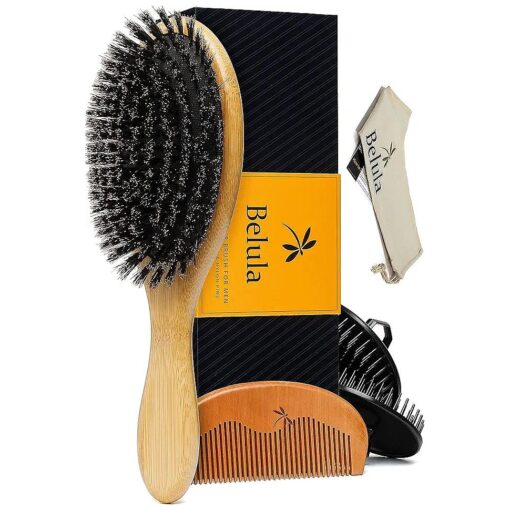 Belula 100 % Boar Bristle Hair Brush for Men Set, Soft Hairbrush for Thin, Normal and Short Hair, Boar Bristle Brush and Wooden Comb for Men, Free 2 x Palm Brush & Travel Bag Included .