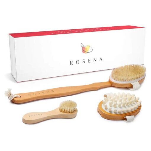 Dry Brushing Body Brush Set - Natural Bristle Spa Exfoliator Kit with Face Cleansing Brush, Long Dry Brushing Body Brush for Lymphatic Drainage & Massaging Cellulite Brush for Smooth, Radiant Skin