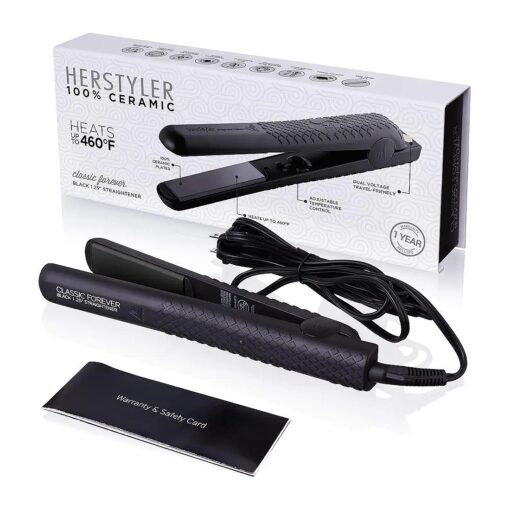 Herstyler Forever Straightening Flat Iron | Travel Friendly Dual Voltage 1.25 inch | Ceramic Hair Straightener For Silken Hair | Negative Ion Technology To Fight Frizz | Beautiful In Black