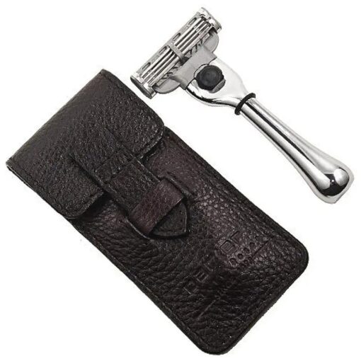 Parker Chrome Handle Travel Mach 3 Razor - Genuine Leather Case Included