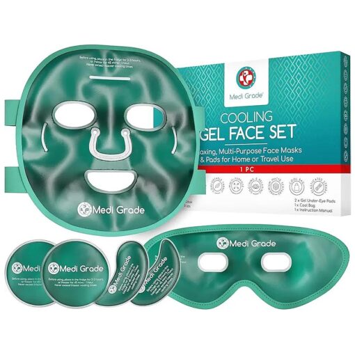 Medi Grade Cooling Ice Face Mask and Cooling Eye Mask for Puffy Eyes & Migraine Relief - Self Care Face Ice Pack with ChillGel Face Ice Mask Technology - Cooling Face Mask, Eye Pads and Bag