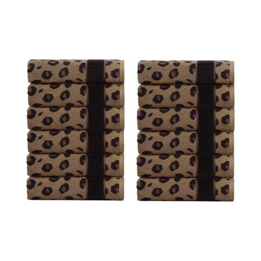 COTTON CRAFT Wash Cloth - Set of 12 Animal Print Safari Decorative Washcloth - 100 % Cotton Jacquard Bathroom Face Towel Set - Super Soft Quick Dry Absorbent Luxury Guest Towel - Easy Care - 12 x 12