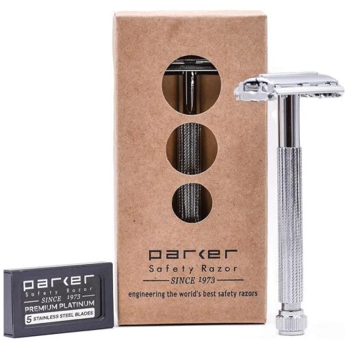 Parker 29L Chrome, Long Handle Butterfly Open Double Edge Safety Razor for Men & Women, 5 Parker Premium Platinum Double Edge Razor Blades Included