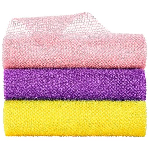 Metene 3 Pieces African Exfoliating Net, Colorful African Net Cloth, Long African Net Sponge Body Scrubber for Use in Shower, Bath Shower Wash Cloth for Skin Smoother Daily Use ( Pink, Purple, Yellow )