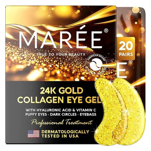 MAREE Under Eye Patches ( 20 Pairs ) - 24K Gold Eye Patches for Puffy Eyes, Dark Circles, Eye Bags - Skin Care with Collagen, Pearl Extract & Hyaluronic Acid - Anti-Aging & Rejuvenating Eye Masks