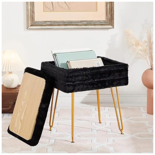 Soohow Vanity Chair Storage Vanity Stool Ottoman Foot Rest, Faux Fur Makeup Vanity Stool, Vanity Chair for Makeup Room, Foot Stool for Living Room, Bedroom, Storage Ottoman, Metal Legs