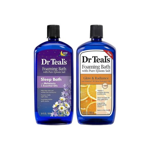 Dr. Teal 's Foaming Bath Variety Gift Set ( 2 Pack, 34oz Ea, ) - Melatonin Sleep Soak & Glow & Radiance with Vitamin C and Citrus Essential Oils - Moisturizes Skin & Promotes a Better Nights Sleep