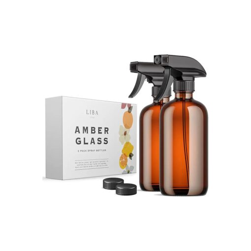 LiBa Amber Glass Spray Bottles 2 Pack, 16 oz Refillable Empty Spray Bottle for Cleaning, Essential Oils, Hair, Plants, Adjustable Nozzle for Squirt and Mist, Bleach/Vinegar/Rubbing Alcohol Safe