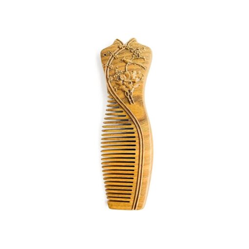 Handmade Carved Green Sandalwood Hair Comb, Fine Tooth Wooden Comb, Anti-Static No Snag Wood Combs for Women Kids, Oriental Gift for women with gift box ( Cheongsam )