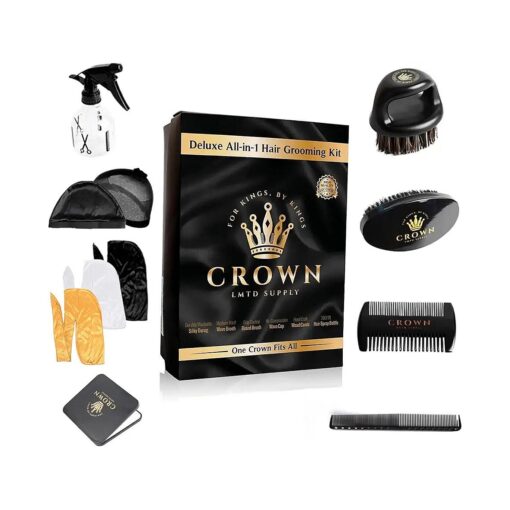 11 in 1 Deluxe Wave Kit - 3 Silky Durags for Men, Medium Hard Wave Brush, Crown Soft Bristle Brush Beard, Wood & Plastic Wave Comb, Spray Bottle, 2 Silky Stocking Wave Cap, Crown Mirror, Hair Care Kit