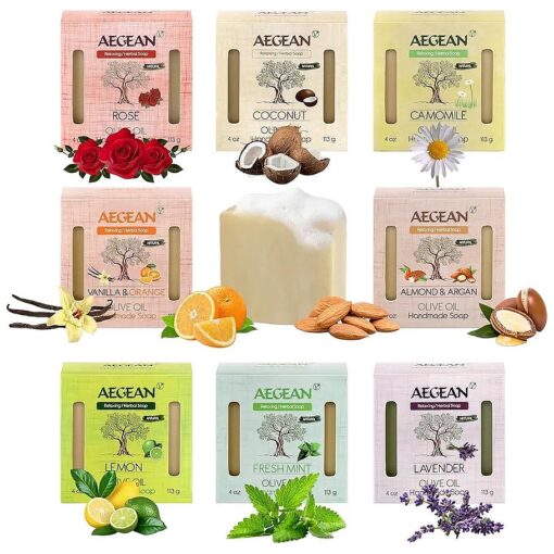 Aegean 100 % Natural Bar Soap w/Organic Ingredients, Vegan Soap, Moisturizing, Handmade, Scented w/Premium Essential Oils, Body Soap Bars for Women & Men