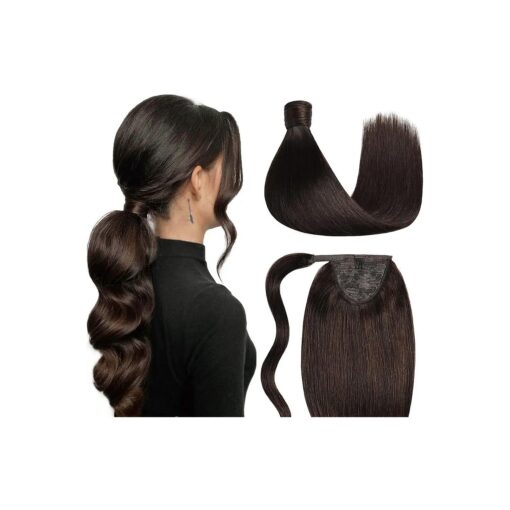 SUYYA Human Hair Ponytail Wrap Around Clip in Hair Piece Ponytail Extension Human Hair Straight Ponytail Hair Extensions with Magic Paste 70G 14 Inch # 2 Darkest Brown