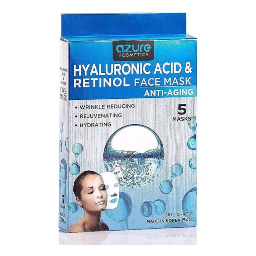 AZURE Hyaluronic Acid & Retinol Anti Aging Facial Mask - Dermatologist Tested - Rejuvenating & Hydrating Face Mask - Helps Reduce Fine Lines & Wrinkles, Smooths & Repairs - Korean Skin Care - 5 Pack