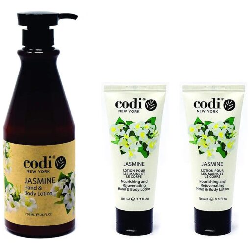 CODi Jasmine Lotion - Body and Hand Lotion with Pump for Women and Men - Jasmine Body Lotion with Wonderful Jasmine Scent - Less Greasy, Quick Absorbent - 1 750ml Bottle and 2 100ml Tubes