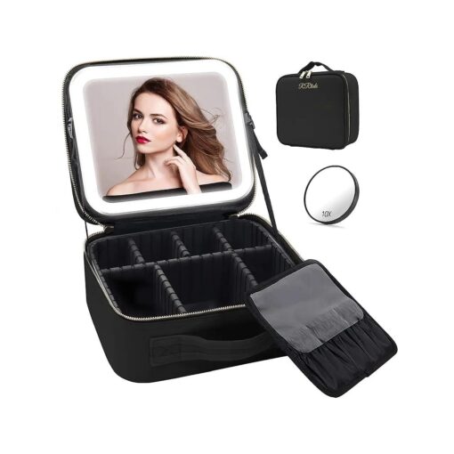 Travel Makeup Bag with Mirror of LED Lighted, Makeup Train Case with Adjustable Dividers, Makeup Case with Mirror and Detachable 10x Magnifying Mirror