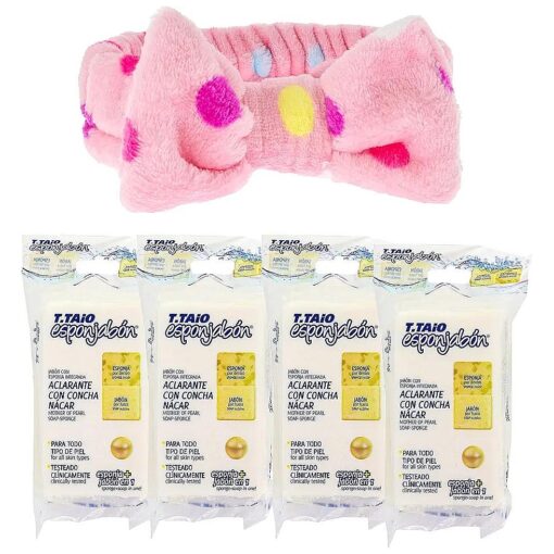 Esponjabon Bundles with Premium Penguin Spa Bow Headbands ( Mother or Pearl ( Concha Nacar ), ( 4 Soaps with 1 Bow )