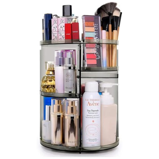 sanipoe 360 Rotating Makeup Organizer, Spinning Skincare Organizer, Cosmetic Display Case with Brush Holder Perfume Tray, Multi-Function Storage Carousel for Vanity Bathroom Countertop