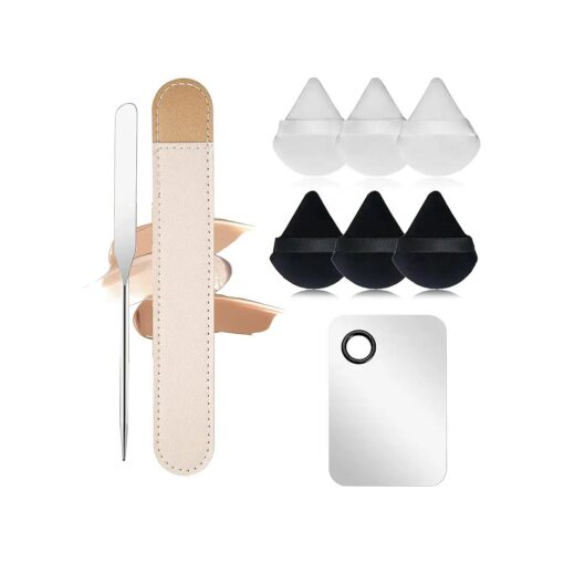 Makeup Spatula, Korean Spatula Makeup Stainless Steel Makeup Spatula and Palette Set, Professional Foundation Spatula Facial Cosmetic Makeup Tool ( 6 Powder Puff +1Spatula+1 Rectangle Palette ) .