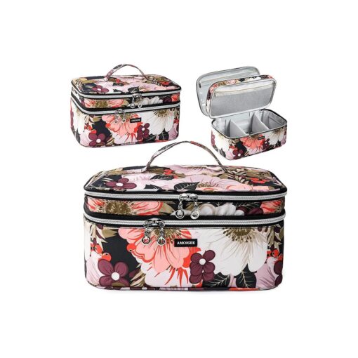 AMOIGEE Large Travel Makeup Bag Organizer, Double Layer Train Case, Toiletry Bag for Makeup Brushes, Full Size Bottles, Palettes Sponge, Cosmetic, Peonnies .