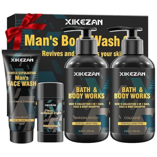 Gifts for Men, Mens Body Wash Gift Set Cleansing & Hydrating Skin w/Face Wash, Deodorant, Sandalwood & Cologne 3 in 1 Hair, Face & Body Wash, Mens Stocking Stuffers Christmas Gifts for Men Him Dad Husband