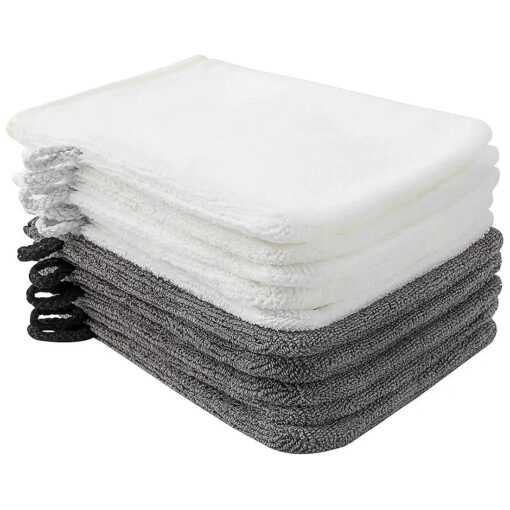 PHOGARY 10 Pack Microfiber Body Wash Mitts, Soft Face Mitten, Bath Spa Cloth, Reusable Makeup Remover Mitt Gloves, European Style Wash Cloth,6x8inch, White and Grey