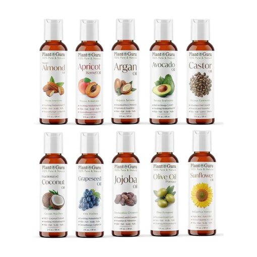 Top 10 Carrier Oil Variety Set 2 oz - Cold Pressed 100 % Pure Natural, Sweet Almond, Apricot Kernel, Argan, Avocado, Castor, Fractionated Coconut, Grapeseed, Jojoba, Olive and Sunflower .