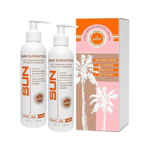 Sun Laboratories Dark Sunsation Self-Tanning Lotion - Face & Body Fake Tan, Natural Self Tan, Very Dark - Sunless Golden Glow - 2 Pack 8 fl oz Bottles