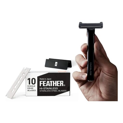 OneBlade Core Safety Razor for Fine Hair - Includes Stand & 10 Premium Japanese Feather Blade Refills - Introductory Level