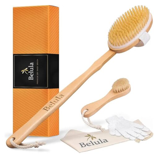 Premium Dry Brushing Body Brush Set- Natural Boar Bristle Body Brush, Exfoliating Face Brush & One Pair Bath & Shower Gloves, Free Bag & How To - Great Gift For A Glowing Skin & Healthy Body