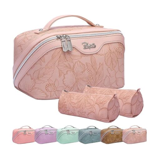 Travel Makeup Bags Cosmetic Organizer Bag : 3-Set Large Capacity Make up Bag - PU Leather Toiletry Bag for Women - Wide Open Portable Pouch with Divider & Handle Rose Pink