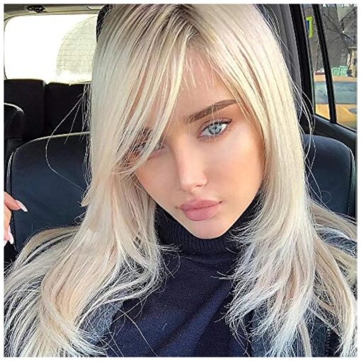 QUEENTAS Platinum Blonde Wigs for Women Girls Blonde Wig with Side Bangs Layered Long Blonde Bob Wig for White Women Straight Free Part None Lace Synthetic Hair ( Platinum Blonde )