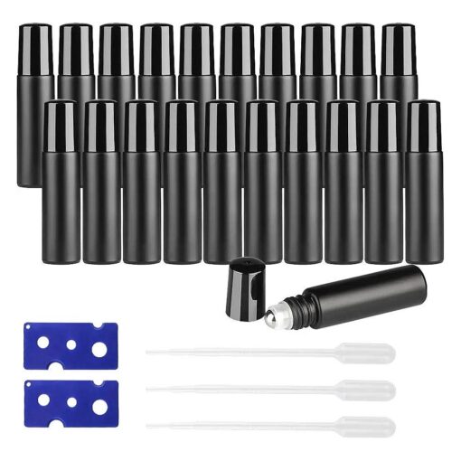 20PCS Roller Bottles 10mL Essential Oil Ultra Thick Matte Black Frosted Glass ( 2 Openers+3 Pipettes Value Pack ), Stainless Steel Roller Balls w/Black Cap