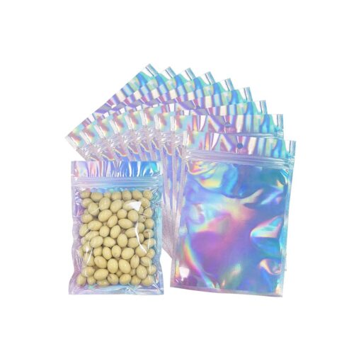 100pcs Resealable Holographic Mylar Bags 5.5x7.8 inch, Foil Zip Lock Sample Pouch Gift Baggies For Packaging Candy Jewelry Lash Lip Gloss