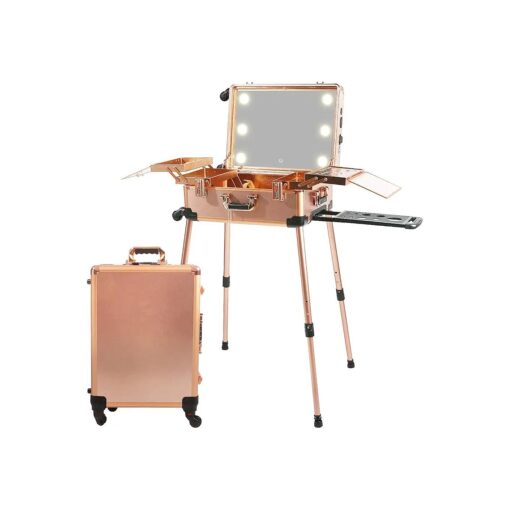 Large Makeup Train Case with Speaker & Code Lock & Full Screen Lighted Mirror & 3 Light Colors Lighted Rolling Cosmetic Organizer, Professional Artist Trolley Studio Free Standing