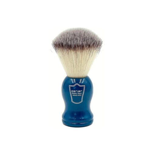 Parker Synthetic Bristle Wood Handle Shaving Brush - Brush Stand Included - Blue Wood Handle