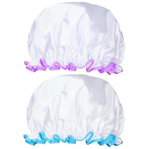 G2PLUS Shower Cap for Adults, 2PCS white Hair Cover for Shower with Elastic Band, Double Layer Bath Hat, Reusable Shower Caps for Women and Men