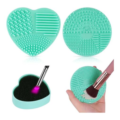 AUAUY Makeup Brush Cleaning Mat, 2 Pack Silicone Makeup Cleaning Brush Scrubber Pad, Cosmetic Brush Cleaner with Suction Cup, Portable Cosmetic Clean Tools-Green