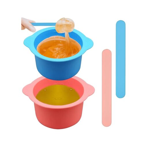 2 Pcs Silicone Wax Warmer Liner, Silicone Wax Bowl for Wax Warmer, Reuse Wax Melt Warmer Wax Pot Replacement, Non-Stick Wax Melt Liner with 2 Pcs Wax Spatula Sticks for Hair Removal ( Blue, Pink )