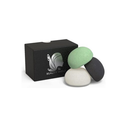 Konjac Sponge Set, 3 Pack Exfoliating Facial Sponges - Hemisphere Shape - Pure Konjac Glucomannan with Activated Bamboo Charcoal, Green Tea, Natural White - Premium Skin Care